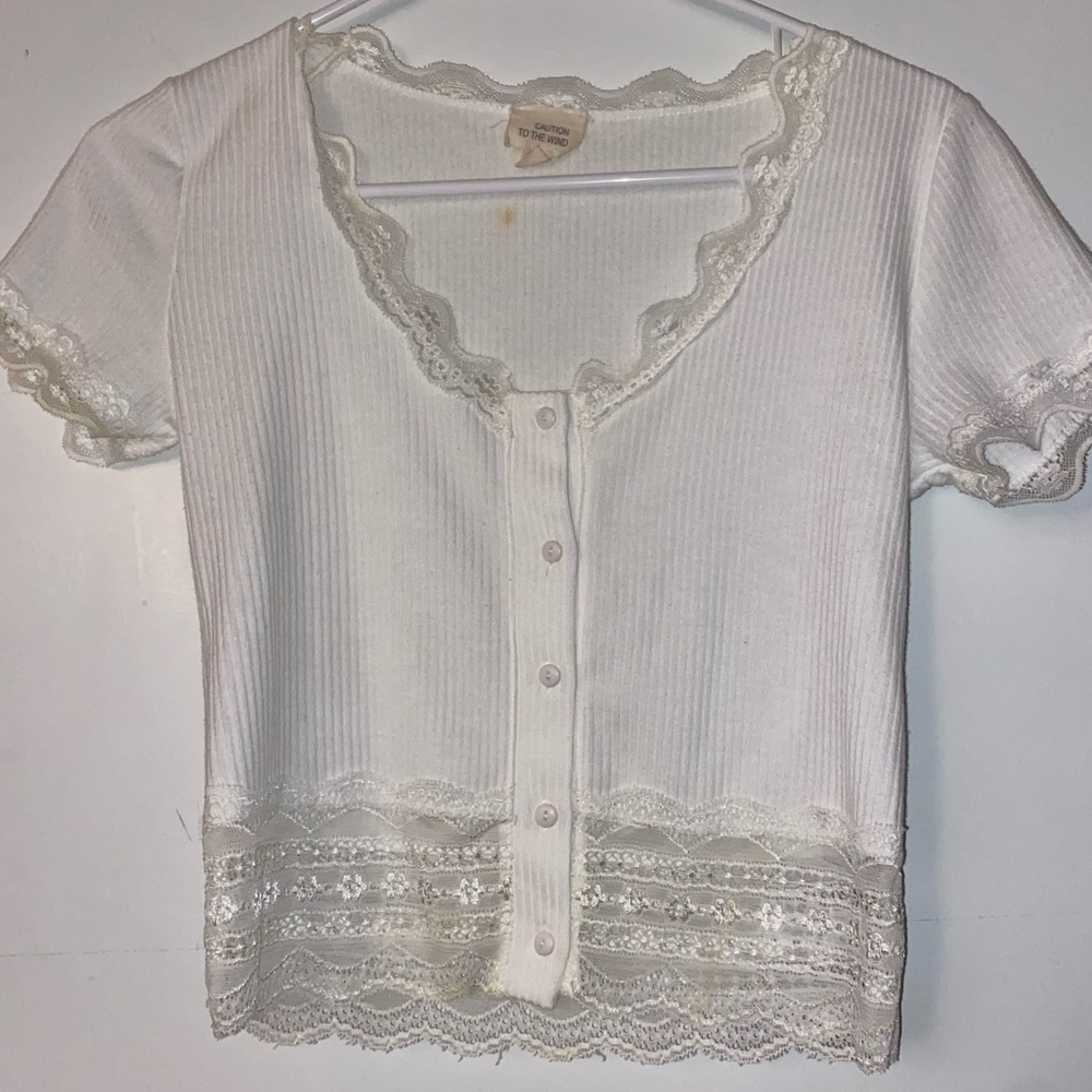 Caution to the wind white lace button top